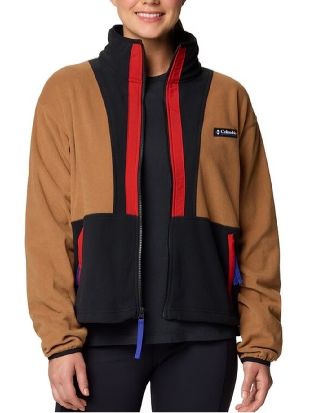 Columbia Colorblock Teddy Fleece Jacket in Tan, Black & Red Outdoor Hiking